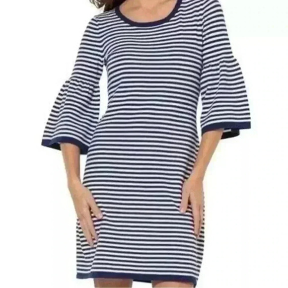 Sail to Sable STS Navy and White Striped Bell Sleeve Sweater Dress XS - Picture 1 of 11